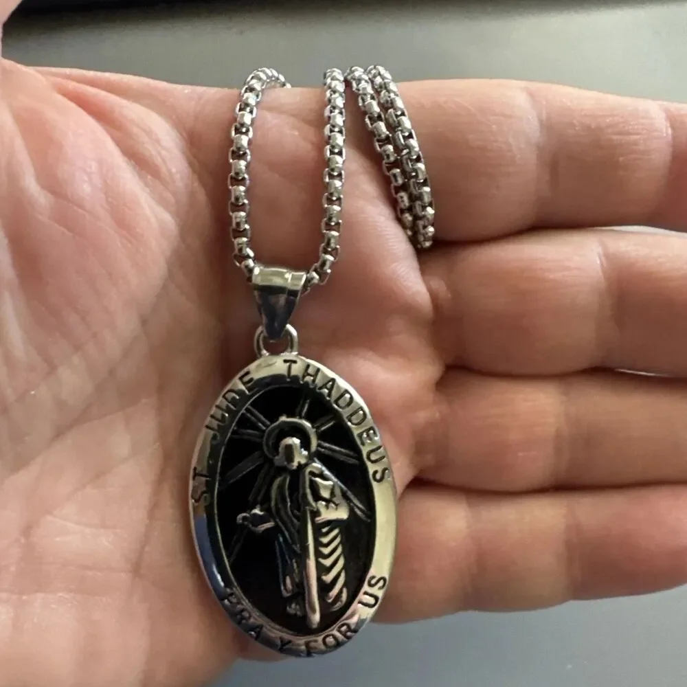 St. Jude Stainless Steel Pendant 24” Chain Religious Jesus Christ Gun Metal
